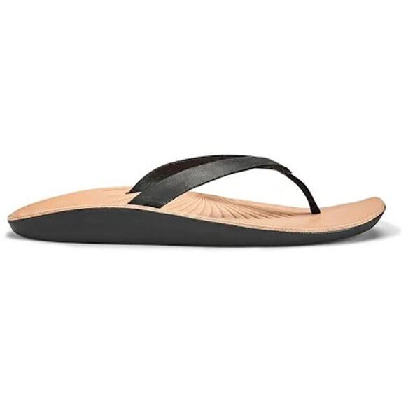 Olukai Iwi Leather Flip Flops Sandals, Black/Tan Womens Sz 9 - Picture 2 of 8